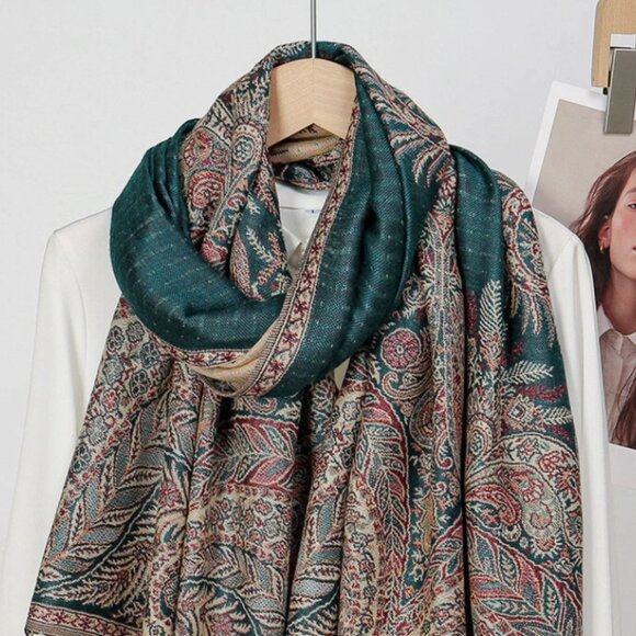 Dark Green & Beige Reversible Warm Scarf Shawl , Holiday Winter Gift Idea - Picture 5 of 5